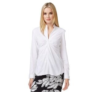 Joseph‎ Ribkoff White Tuxedo Shirt Twist Front Plunge Neck 14 Flattering Office